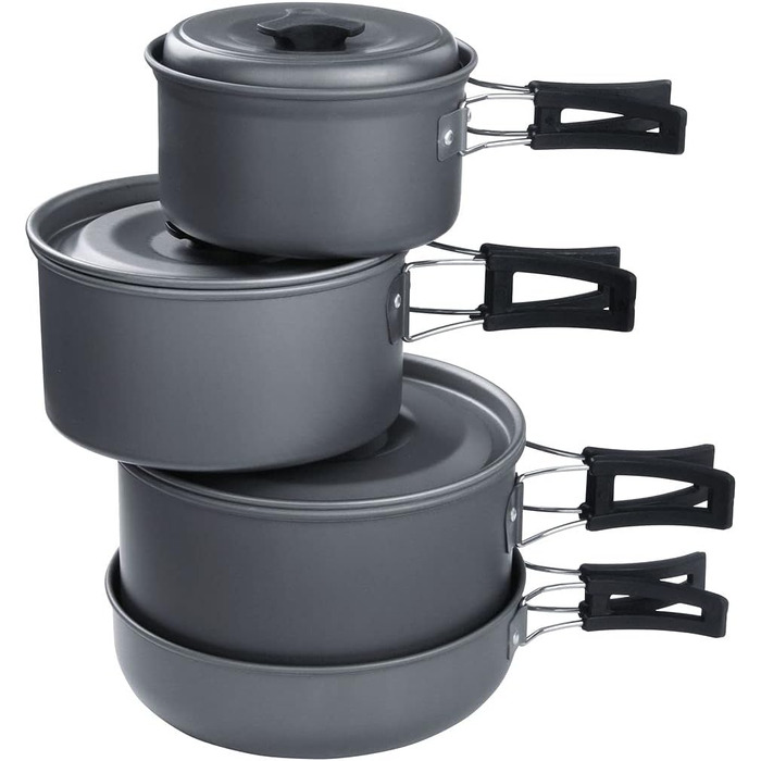 Набір посуду для кемпінгу з 7 предметів для 4-5 осіб - Міцний алюміній з антипригарним покриттям - Набір каструль та сковорідок у сітчастій сумці для кемпінгу та використання на природі