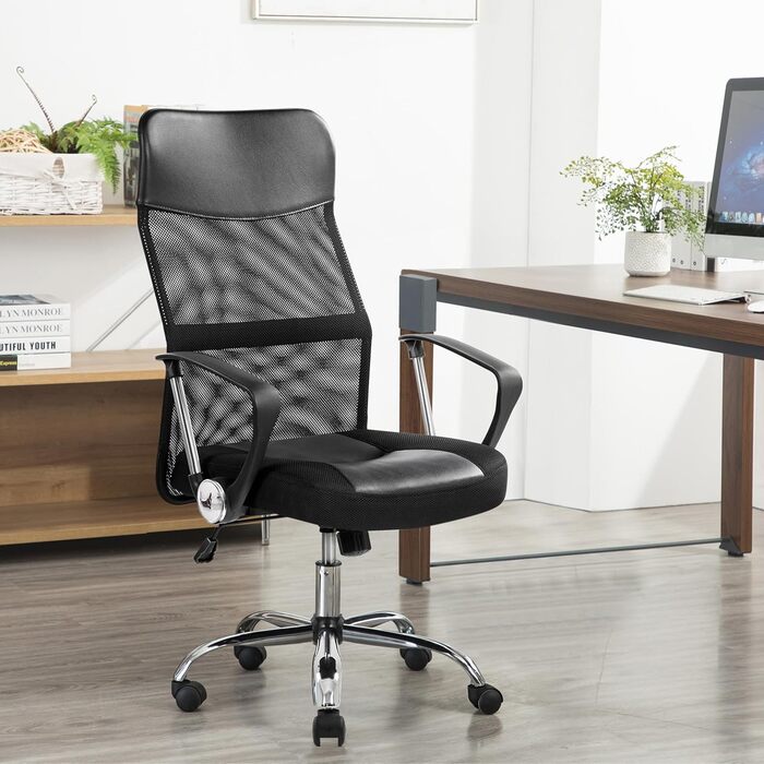 Офісний стілець Yaheetech, ергономічний стілець для роботи з високою спинкою, обертовий стілець, регульована висота з м&39яким сидінням, вантажопідйомність до 135 кг, сітка, чорний