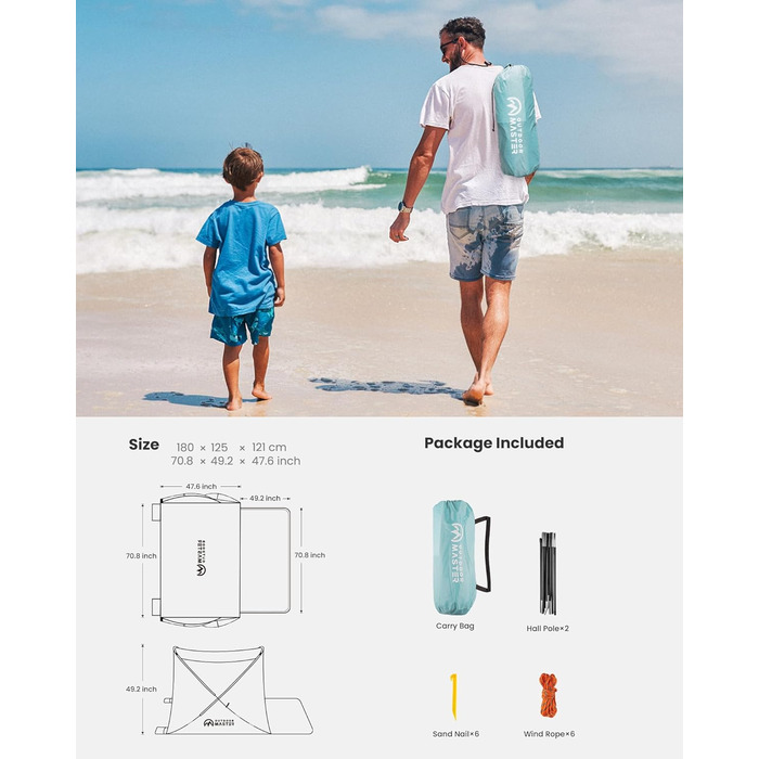 Пляжний намет OutdoorMaster для 3 осіб легке встановлення та портативний, пляжний тінь, захист від сонця, тент із захистом від ультрафіолету UPF 50, знімне мансардне вікно, сімейний розмір, світло-зелений