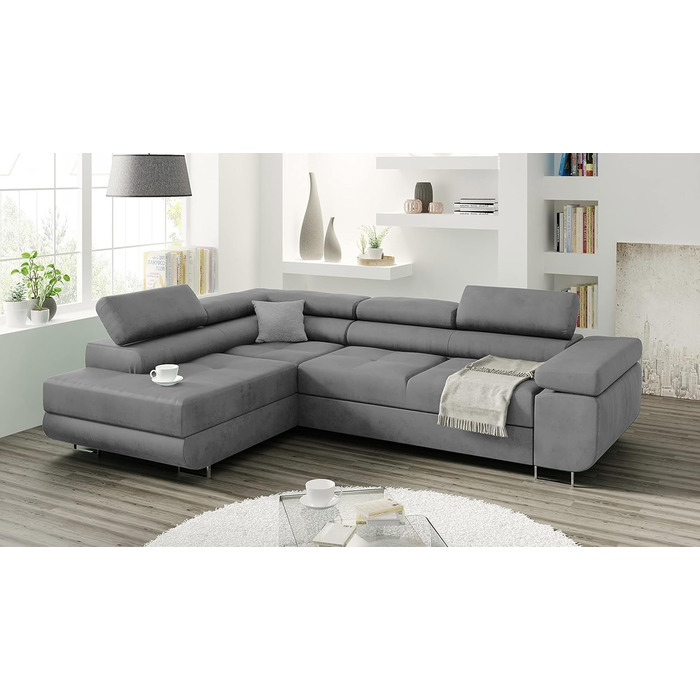 Кутовий диван Маямі з функцією сну та місцем для зберігання, кутовий диван для вітальні, кутовий диван з місцем для зберігання, L-подібний кутовий диван з функцією сну, L-подібний диван (сірий, шезлонг ліворуч), сірий шезлонг ліворуч