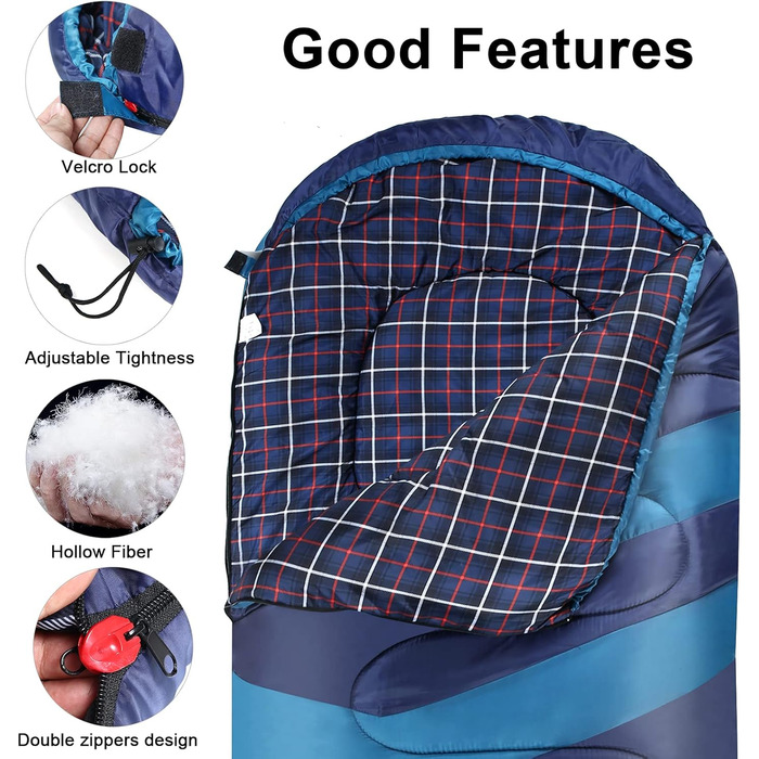 Фланелевий спальний мішок 3-4 сезони 1,6 кг, підходить для зими, осені та весни, виготовлений з порожнистого волокна та приємний для шкіри, водовідштовхувальний, синій