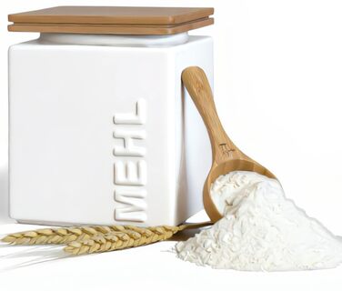 Герметичний контейнер для зберігання борошна 1 кг - Керамічний контейнер для борошна, включаючи бамбукову мірну ложку - Бамбукова кришка для тривалого зберігання - Квадратний та компактний, що штабелюється, колір борошна білий