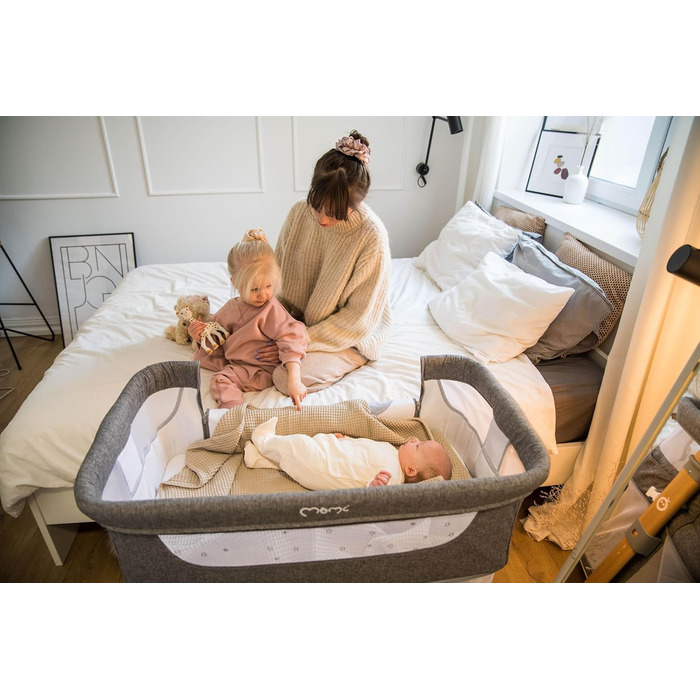 Дитяче ліжечко Momi SMART Bed 4-в-1 до 15 кг, приліжкове ліжечко для немовлят з матрацом, регульована висота, сірого кольору, одномісне