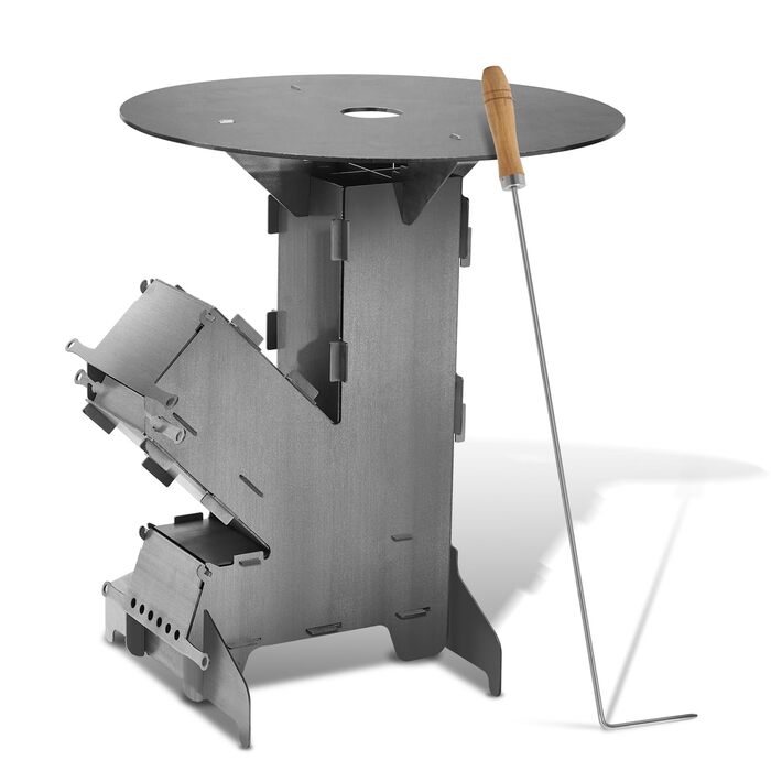 Ракетна піч із пластиною для гриля, гачком для вогню та 2 додатковими ніжками. Кемпінгова піч виготовлена з міцної сталі товщиною 3 мм. Кемпінгова піч, дров&39яна піч, ракетна піч, для використання на відкритому повітрі.