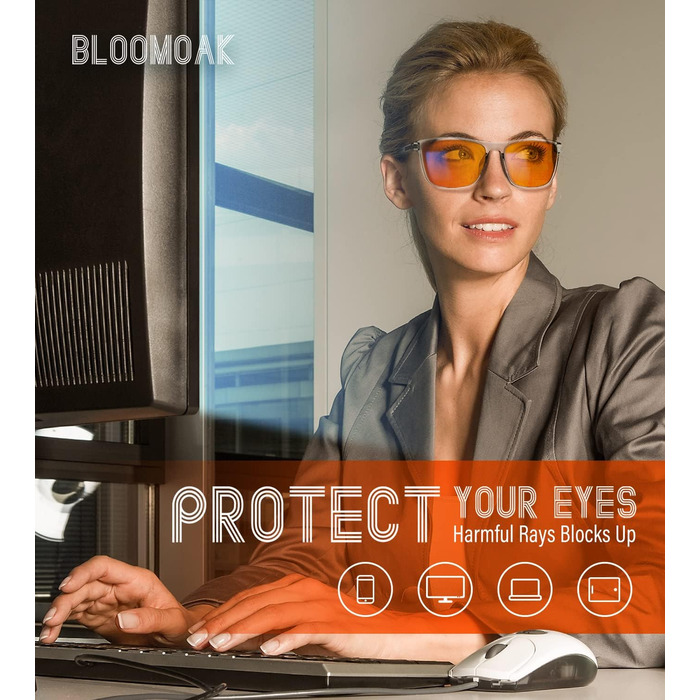 Окуляри Bloomoak для геймерів 100 блокування синього світла, захист від відблисків та втоми очей, помаранчеві прозорі, прямокутні, для роботи з екранами та ТВ