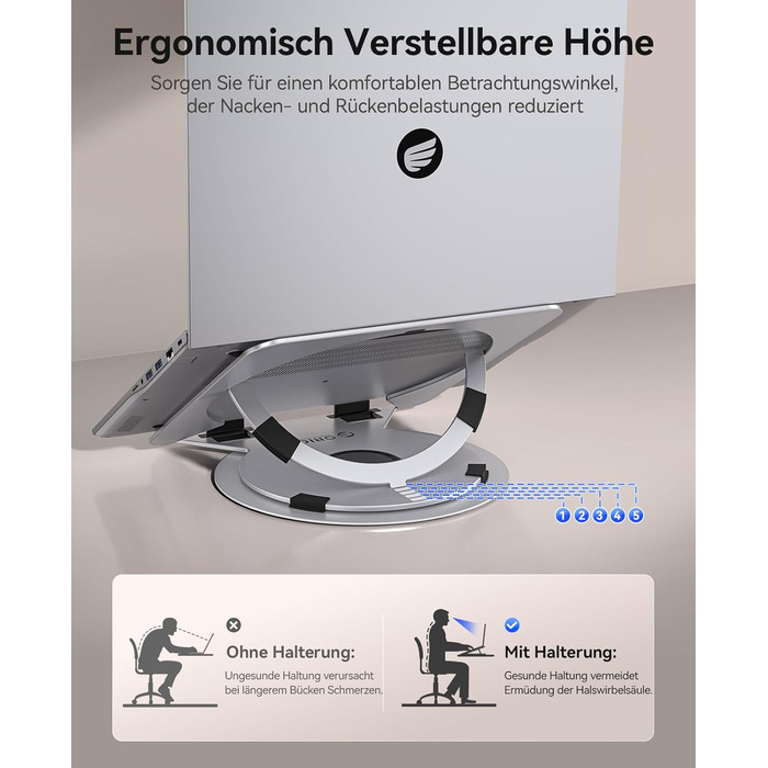 Основа для ноутбука ORICO NS1 срібляста регульована висота, алюмінієвий корпус, охолодження та поворотна база 360, ергономічний складаний стенд для ноутбуків 10-17 дюймів