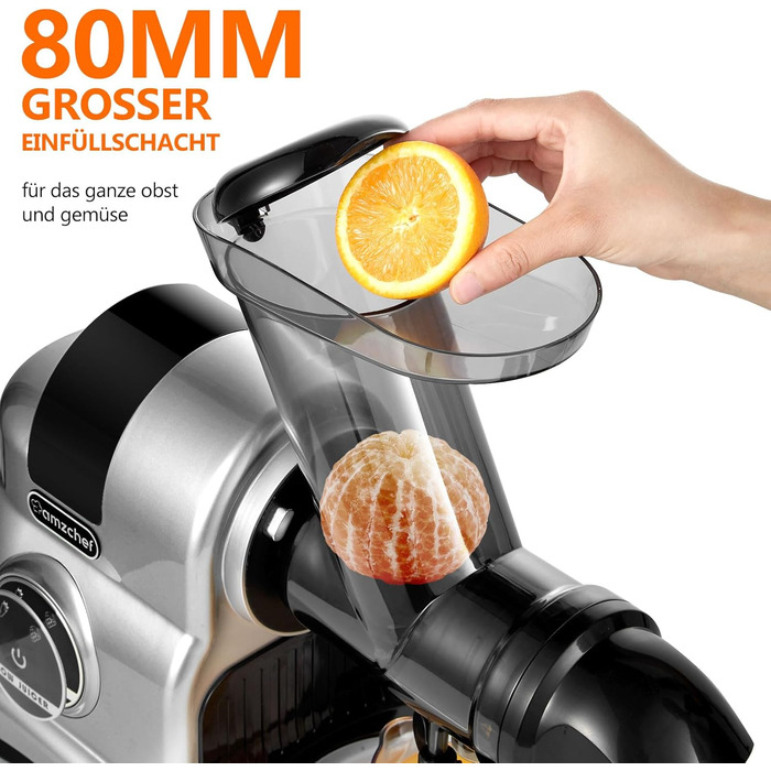 Соковижималка AMZCHEF з великим жолобом подачі 80 мм - Соковижималка 150 Вт Повільна соковижималка з 2 режимами швидкості та функцією повернення - Соковижималка для цілих овочів та фруктів Переможець тесту - Silver Juicer Silver