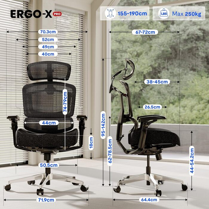 Ергономічне офісне крісло FLEXISPOT ErgoX Pro, регулювання висоти в 12 напрямках, підлокітники 7D, поперекова підтримка 5D, підголівник 4D, вантажопідйомність 250 кг та сітчасте сидіння (чорне) Чорний пінопласт