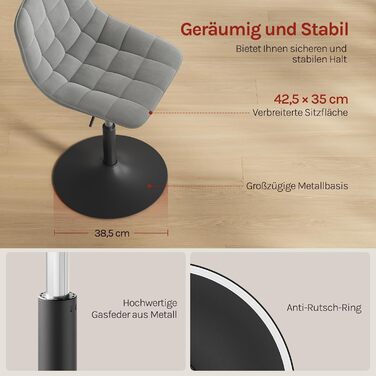 Крісло-табуретка WOLTU для туалетного столика, спальні та їдальні - регульована висота, поворот на 360 зі спинкою, виготовлена з комфортного оксамиту, світло-сіра