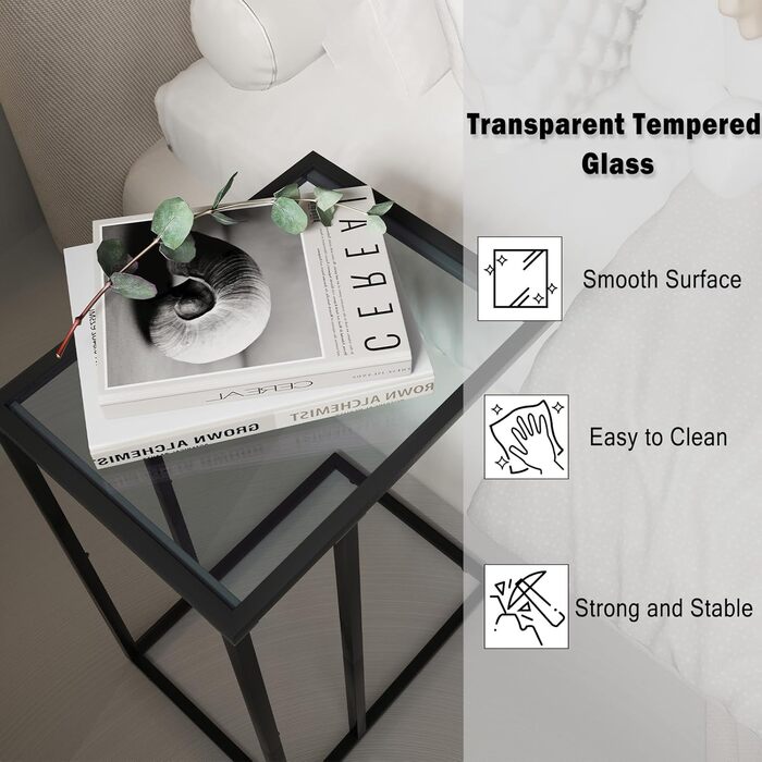 С-подібний приставний столик, комплект з 2 приставних столиків до дивана, журнальний столик, маленький столик, столик до дивана, тумбочка біля ліжка, бічний столик, столик для ноутбука, столик до дивана, скло, чорний (2 шт.)