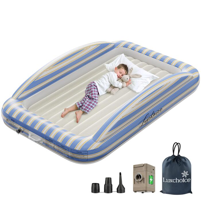 Дорожнє ліжечко/дитяче ліжко з електричним повітряним насосом - Надувне дитяче ліжко з піднятими захисними бортиками, м&39якою флокованою поверхнею, портативне для подорожей, ночівлі та домашнього використання (1 особа)