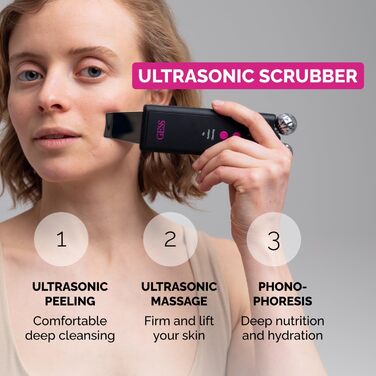 Ультразвуковий пілінг GESS з масажними роликами EMS, фонофорезом, ультразвуковим мікромасажем та міостимуляцією, 3 режими - очищення пор обличчя та видалення подвійного підборіддя для ефективного догляду за шкірою