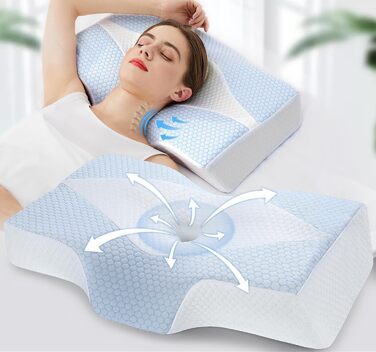 Ортопедична подушка з піни з ефектом пам&39яті, подушка для підтримки шиї від болю в шиї та плечах з охолодженням, чохол, що прається ергономічна подушка для сну та комфорту для сну на боці та спині, синьо-біла (63,5 см * 40,6 см * 10,7/13,2 см)