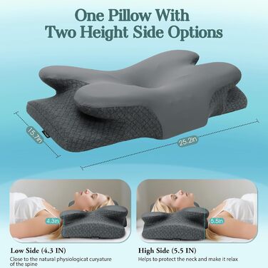 Ортопедична подушка з піни з ефектом пам&39яті для всіх типів сну, подушка для підтримки шиї, ергономічна подушка для сну на боці, оптимальний комфорт при болю в шиї та плечах, темно-сіра, розмір King - 25,2 дюйма завдовжки x 15,7 дюйма завширшки x 5,5 дю