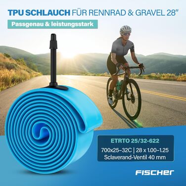 Камера велосипедна FISCHER TPU для шосейного велосипеда, 28 (700x18-25C), надлегка, захист від проколів, міцна, компактна та з високою герметичністю, з вентилем Presta (французький тип)