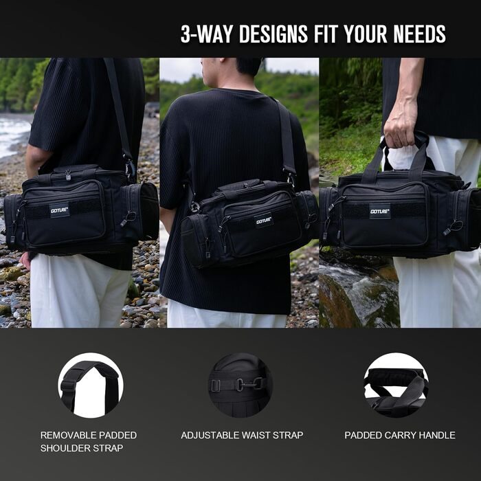 Сумка для рибальських снастей Goture, водонепроникна сумка через плече з мякою стороною, сумка для риболовлі, поясна сумка для рибальських снастей, морська прісна вода для зберігання 3 3600 рибальських ящиків AA (37 X 22 X 18 см) сумка для снастей чорна