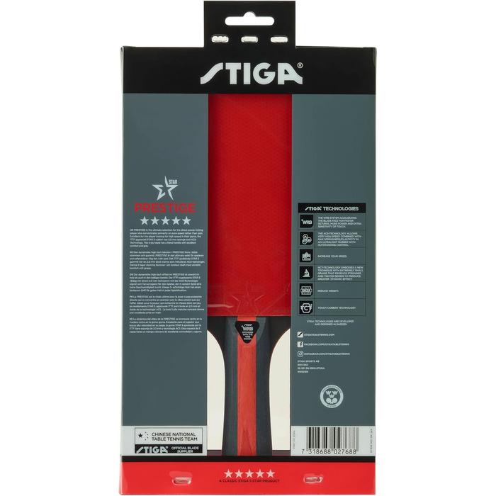 Ракетка для настільного тенісу STIGA Prestige 5-Star – професійна високошвидкісна ракетка для пінг-понгу, ITTF-схвалена, губка 2,0 мм, технологія WRB, зручне захоплення, одинична