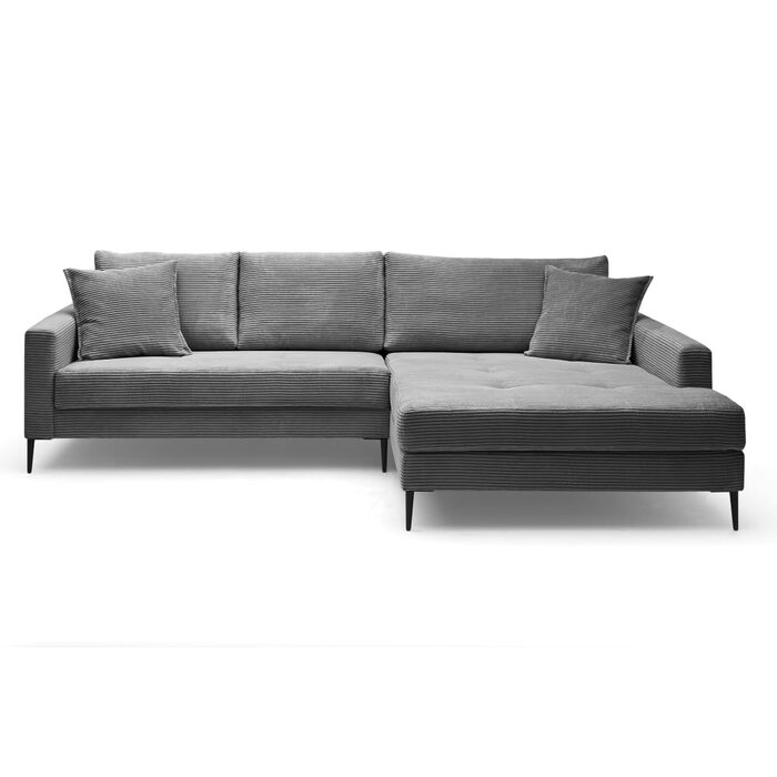 Диван Hilary Graphite, сучасний кутовий диван, вельветова оббивка сірого кольору, шезлонг для правого боку, зручний диван, легко чиститься та має стабільні розміри, металеві ніжки, L-подібний диван, зроблено в Європі, шезлонг для правого боку, графіт
