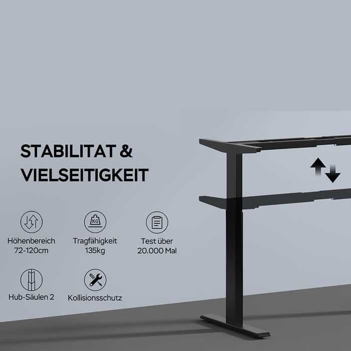 Електричне регулювання висоти каркаса столу з 2 двигунами, вантажопідйомність до 135 кг - Стабільний, 4 слоти пам&39яті, нагадування про сидячу/встанучу позицію, чорний