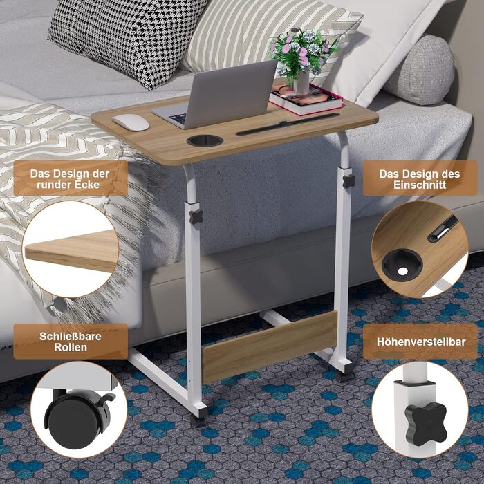 Стіл для ноутбука 60x40 см, стіл з регульованою висотою, комп&39ютерний стіл, мобільний стіл для ноутбука з поворотними колесами, слотом для карток та підставкою для чашок для спальні, офісу (колір дерева)