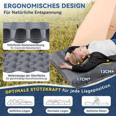 Килимок для сну HIKENTURE, 13 см ультратовстий кемпінговий килимок для сну з подушкою, надувний повітряний матрац, невеликий розмір упаковки, ультралегкий килимок для сну з ножним насосом для використання на свіжому повітрі, для походів, для намету, сірий