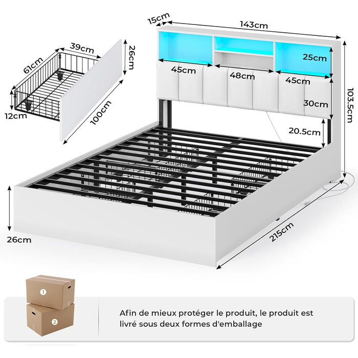 Ліжко AOGLLATI 140200 см, М&39яке ліжко із зарядною станцією та світлодіодним освітленням, Двоспальне ліжко з місцем для зберігання речей та узголів&39ям для зберігання речей, 4 шухляди, Рейкова основа, без матраца (для матраца 140 x 200 см), Білий 140 x 