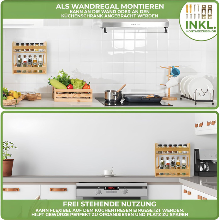 Бамбукова підставка для спецій для настінного або окремого використання, кухонна полиця з 2 місткими полицями, 28 x 28 x 11,5 см, підставка для спецій для зберігання контейнерів для спецій та трав (сучасна велика)