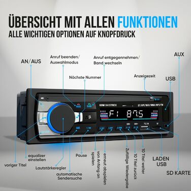 Автомобільна стереосистема Strex з Bluetooth для всіх автомобілів - USB, AUX і гучний зв'язок - Пульт дистанційного керування - Автомобільна стереосистема One-DIN з вбудованим мікрофоном