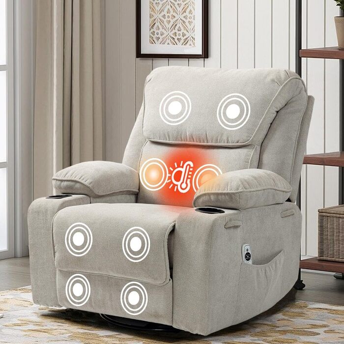 Крісло-гойдалка з функцією масажу, крісло для телевізора з функцією відкидання, вібрація, підігрів, товста спинка та підлокітники, масажне крісло з функцією гойдання, поворот на 360, бежевий