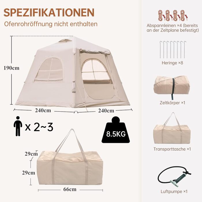 Надувний кемпінговий намет з ручним насосом. Легке встановлення. Водонепроникний та вітрозахисний надувний намет для 2-10 осіб. Надувний намет/будинок/каюта Oxford для глемпінгу (240*240*190 см).