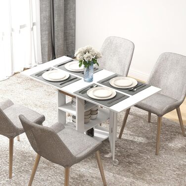 Розкладний обідній стіл HOMCOM, розкладний кухонний стіл, на колесах, з 2 висувними панелями та 3 полицями, сучасний дизайн, кухонний стіл для невеликих приміщень, 120 x 60 x 75 см, білий