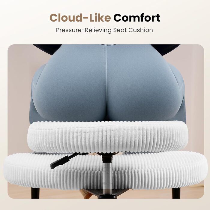 Офісний стілець зі схрещеними ніжками, поворотний на 360, ергономічний стілець для коліна, хрестоподібний офісний стілець з регульованою висотою, стілець для медитації з СДУГ та спинкою, вельветова тканина, білий ребристий вельвет