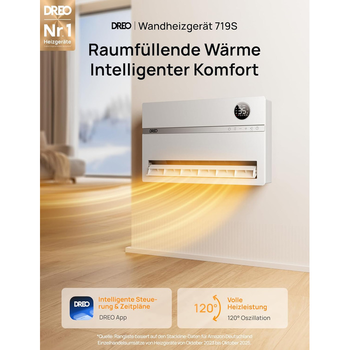Розумний електричний обігрівач Dreo, настінний конвекторний обігрівач потужністю 2000 Вт з пультом дистанційного керування та застосунком, коливання 120, 5 режимів, 3 швидкості, 24-годинний таймер, енергозберігаючий керамічний обігрівач PTC з термостатом