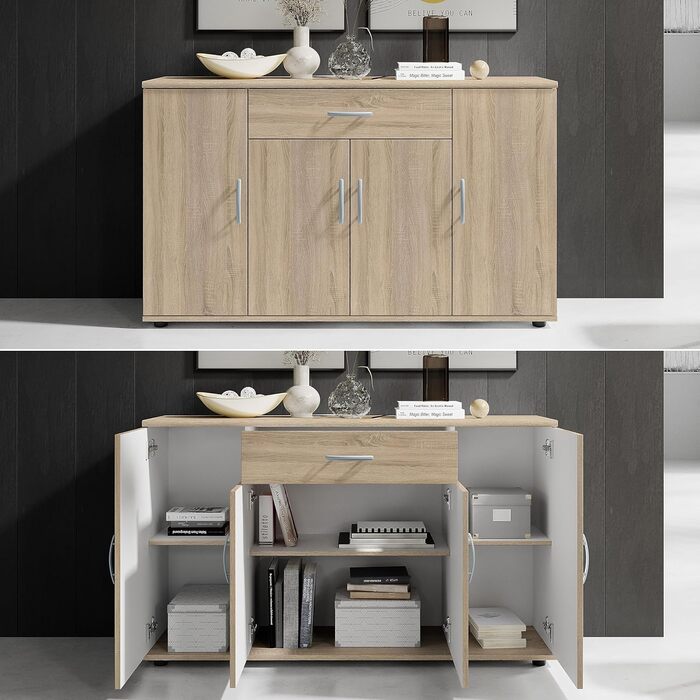 Комод Stella Trading LILLY з обробкою дуба Сонома - Сучасний буфет з великою кількістю місця для зберігання речей у вашій вітальні - 118 x 70 x 30 см (Ш/В/Г) 30Г x 118Ш x 70В см (1 шухляда) Дуб Сонома