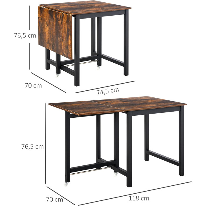 Розкладний прямокутний обідній стіл HOMCOM для 4-6 осіб на колесах, металевий обідній стіл 118 x 70 x 76,5 см, коричневий