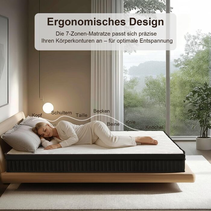 Матрац 140x200 см, висота 25 см, середньої жорсткості (H3), 7-зонний гібридний матрац, ортопедичний пружинний матрац з комфортною піною, дихаючий, що знімає тиск 140x200x25