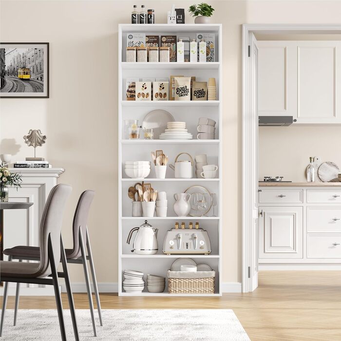 Книжкова полиця FirFurd, полиця з 7 відділеннями, книжкова шафа, окремостояча полиця, полиця для зберігання, для вітальні, офісу, спальні, 209,5 x 60 x 23,5 см, білий