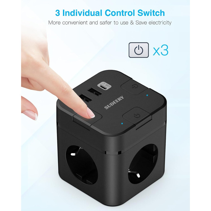 Куб розетки з USB C, 3 відділення з декількома розетками, плоска вилка з одним перемикачем, подовжувач з кабелем довжиною 2 м, 1 в