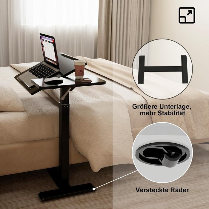 Стіл для ноутбука PUNCIA з регульованою висотою 70-100 см, обертова підставка для ноутбука з колесами, мобільний стоячий стіл над ліжком, ергономічний стіл для сидячого та стоячого використання, візок для презентацій, для ліжка, дивана, офісу, чорного кол