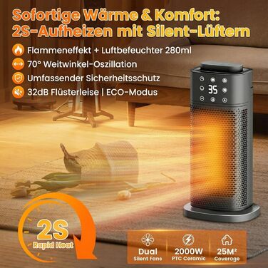 Керамічний вентилятор-обігрівач з ефектом полум&39я та зволожувачем повітря, електричний обігрівач потужністю 2000 Вт, енергозберігаючий та тихий, потужний електричний обігрівач для офісу та спальні, ідеально підходить для обігрівача кімнати