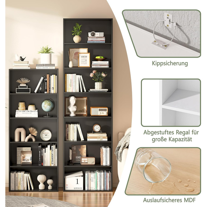 Рівнева окремостояча полиця Garvis 60 см завширшки, 210 см заввишки Відкрита книжкова шафа, білий чорний дуб Офічна полиця для вітальні (чорна), 7-