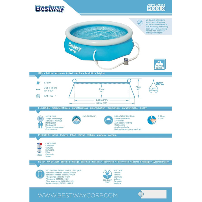 Набір для наземного басейну Bestway Fast Set з фільтруючим насосом Ø 305 x 76 см, блакитний, круглий