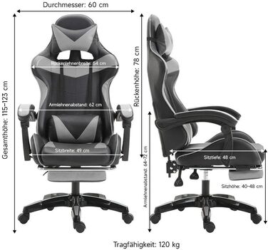 Ергономічне ігрове крісло, офісне крісло, регульоване по висоті, комп&39ютерне крісло зі штучної шкіри, з підголівником та поперековою опорою, поворот на 360 (сіре)