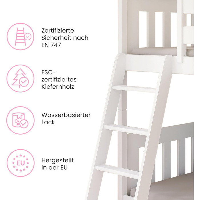 Дитяче ліжко-горище 90x200 см з поручнями та двома рейковими основами білого кольору Ліжко для дівчаток та хлопчиків Дитяче ліжко Підліткове ліжко 90x200 см Для дітей віком від 4 до 18 років 90 x 200 см (матраци не входять до комплекту) Білий