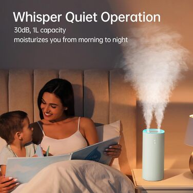 Зволожувач JISULIFE для спальні 1 л, зволожувач повітря з верхнім заповненням 30 дБ, зволожувач повітря 8000 мАг, зволожувач для рослин із нічником для спальні/дитячої кімнати/зелені рослини