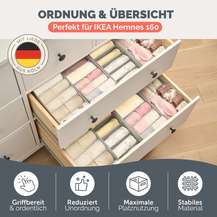 Набір органайзерів для гардеробу, 8 шт. - Різні органайзери для гардеробу для комодів HEMNES - Складані коробки для бюстгальтерів, футболок - Органайзер для гардеробу - Сортер для гардеробу, сірий, подвійний Hemnes