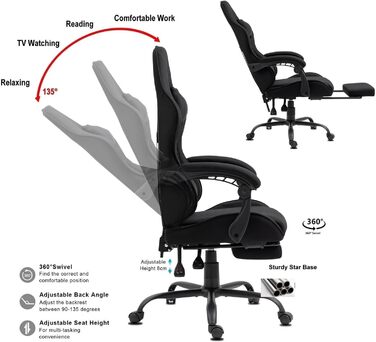 Ігрове офісне крісло Delman з тканини з USB-масажем (2 точки), ергономічне геймерське крісло з підставкою для ніг, регульована спинка до 135, металева основа Серія 02-0040 Чорний