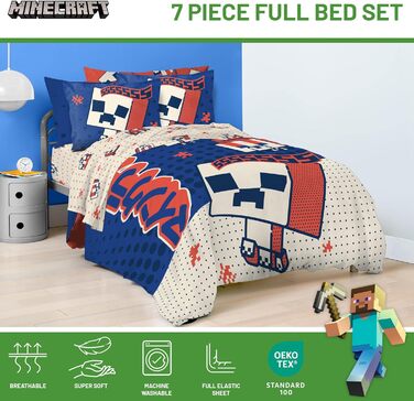 Повнорозмірний комплект постільної білизни Minecraft Creeper, 7-місний комплект постільної білизни з простирадлом та наволочками,