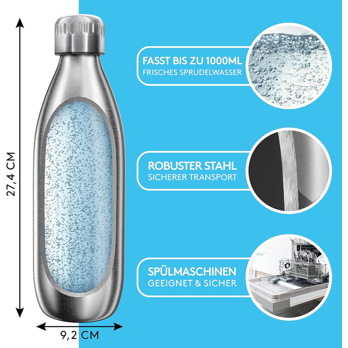 Преміальна пляшка з нержавіючої сталі 1 л дуже велика сумісна з SodaStream Duo - Безпечна для вуглекислого газу - Можна мити в посудомийній машині - Пляшка для пиття з нержавіючої сталі