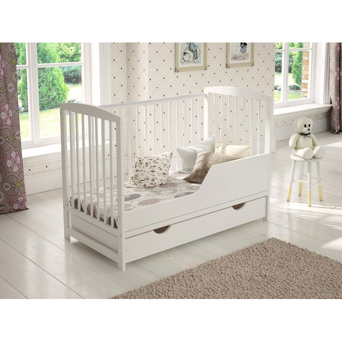 Дитяче ліжко Love For Sleep Jacob, біле, з шухлядою, 120 x 60 см, з матрацом та чохлом, дерев&39яний захисний бар&39єр, захисний чохол